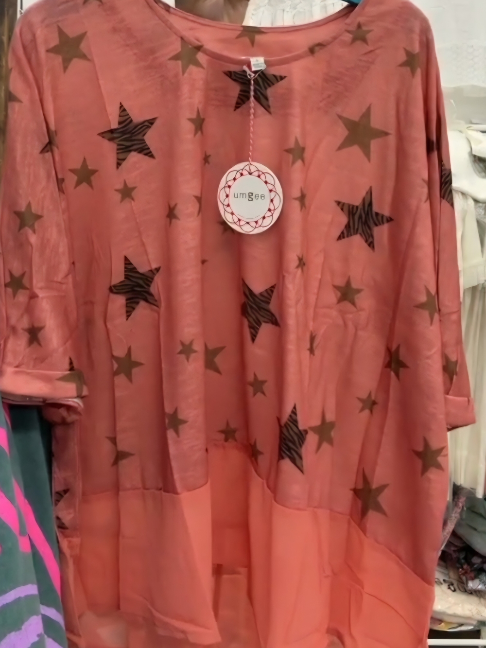 Umgee Coral Star Print Tunic with Sheer Hem Medium Oversized